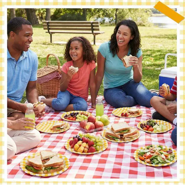 Alt view image 6 of 7 - 30 Pcs Yellow Gingham Paper Plates, 7 Inch Scalloped Dessert Plates | Thick Coated Paper, Oil- And Water-Resistant, Disposable, For Birthdays, Picnics, Spring And Baby Shower Parties