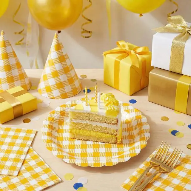 Alt view image 7 of 7 - 30 Pcs Yellow Gingham Paper Plates, 7 Inch Scalloped Dessert Plates | Thick Coated Paper, Oil- And Water-Resistant, Disposable, For Birthdays, Picnics, Spring And Baby Shower Parties