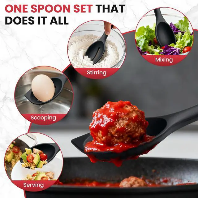 Alt view image 2 of 7 - Pack of 2 Cooking Spoons, 600°F Heat Resistant Multifunction Spatula Spoon | Silicone Spoons with Solid & Slotted Spoon for Scooping, Mixing and Serving, Stirring, Scraping, BPA Free, Non-Stick