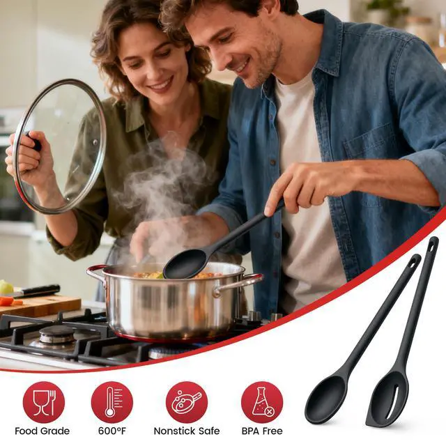 Alt view image 4 of 7 - Pack of 2 Cooking Spoons, 600°F Heat Resistant Multifunction Spatula Spoon | Silicone Spoons with Solid & Slotted Spoon for Scooping, Mixing and Serving, Stirring, Scraping, BPA Free, Non-Stick