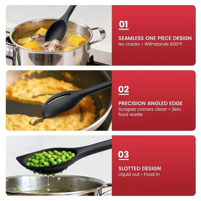 Alt view image 3 of 7 - Pack of 2 Cooking Spoons, 600°F Heat Resistant Multifunction Spatula Spoon | Silicone Spoons with Solid & Slotted Spoon for Scooping, Mixing and Serving, Stirring, Scraping, BPA Free, Non-Stick