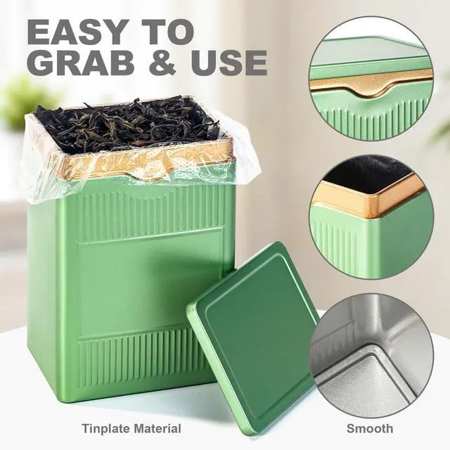 Alt view image 3 of 7 - Tea Tin, Premium Tight Sealing Metal Canister with Press on Lid | Storage Tin for Loose Leaf, Tea Bags, Ideal for Kitchen Countertop & Pantry, Green Square Tinplate Can, JOYLULU