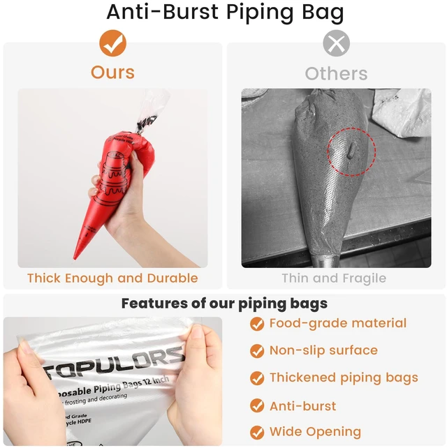 Alt view image 4 of 7 - Disposable Piping Bags, 12"H 14" Full Size, 100PCS Pastry Bags | With Twist Ties, Extra Thick Tear Resistant Non-Slip Tipless Icing Bag, Easy Squeeze for Cake Cookie Frosting Decoration