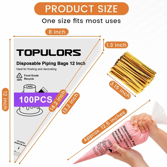 Alt view image 7 of 7 - Disposable Piping Bags, 12"H 14" Full Size, 100PCS Pastry Bags | With Twist Ties, Extra Thick Tear Resistant Non-Slip Tipless Icing Bag, Easy Squeeze for Cake Cookie Frosting Decoration