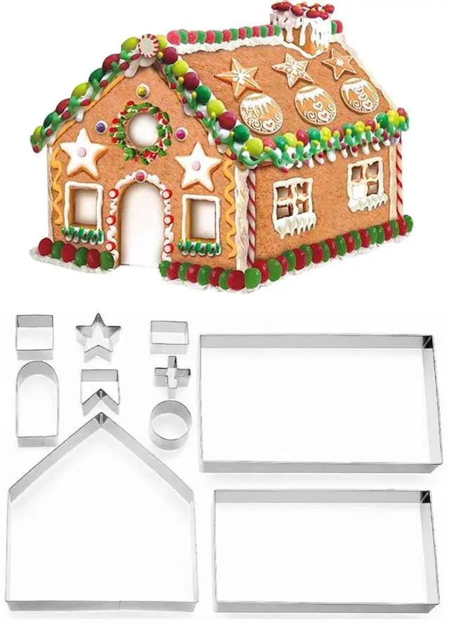 Main image of Christmas Cookie Cutter Set, Fondont Pastry Cookie Mold, 10 PCS Stainless Steel Biscuit Cutters for Making 3D Gingerbread House (Gingerbread House Set)