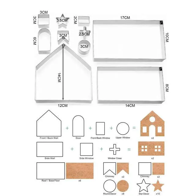 Alt view image 2 of 3 - Christmas Cookie Cutter Set, Fondont Pastry Cookie Mold, 10 PCS Stainless Steel Biscuit Cutters for Making 3D Gingerbread House (Gingerbread House Set)