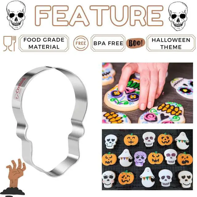 Alt view image 2 of 6 - 2 Pieces Halloween Skull Cookie Cutter Set - Stainless Steel | Stainless Steel Halloween Shape Cookie Cutters for Baking