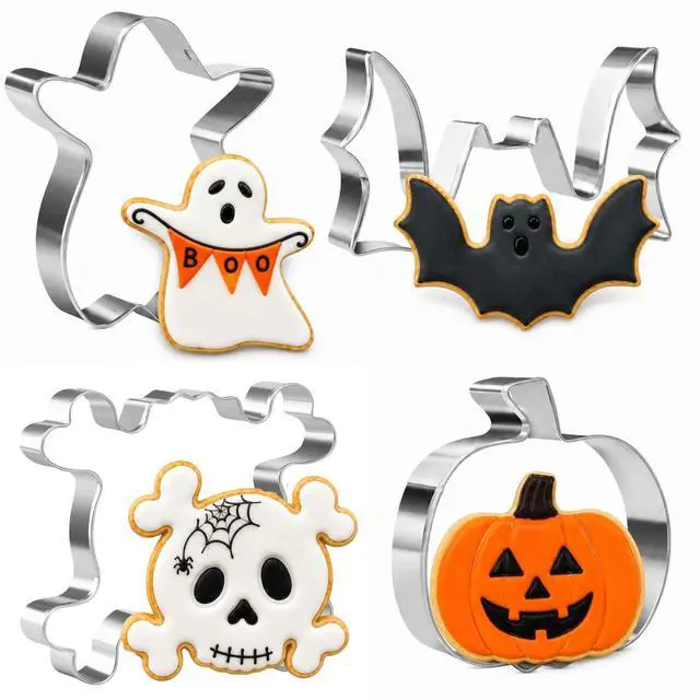 Main image of 4 Pieces Halloween Cookie Cutter Set for Baking - Stainless Steel | Ghost,Bat,Pumpkin and Skull Shape Holiday Biscuit/Pastry Cutter