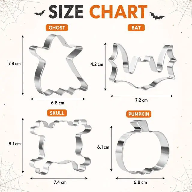 Alt view image 3 of 6 - 4 Pieces Halloween Cookie Cutter Set for Baking - Stainless Steel | Ghost,Bat,Pumpkin and Skull Shape Holiday Biscuit/Pastry Cutter