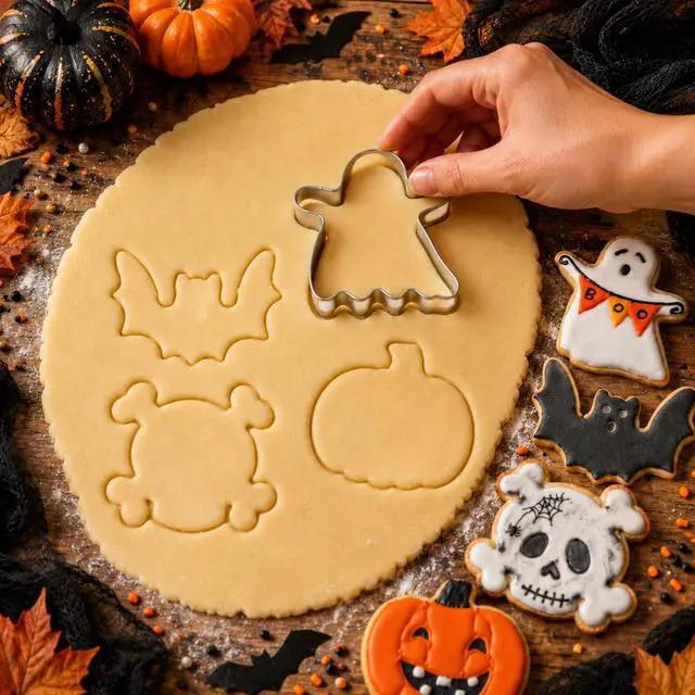 Alt view image 2 of 6 - 4 Pieces Halloween Cookie Cutter Set for Baking - Stainless Steel | Ghost,Bat,Pumpkin and Skull Shape Holiday Biscuit/Pastry Cutter