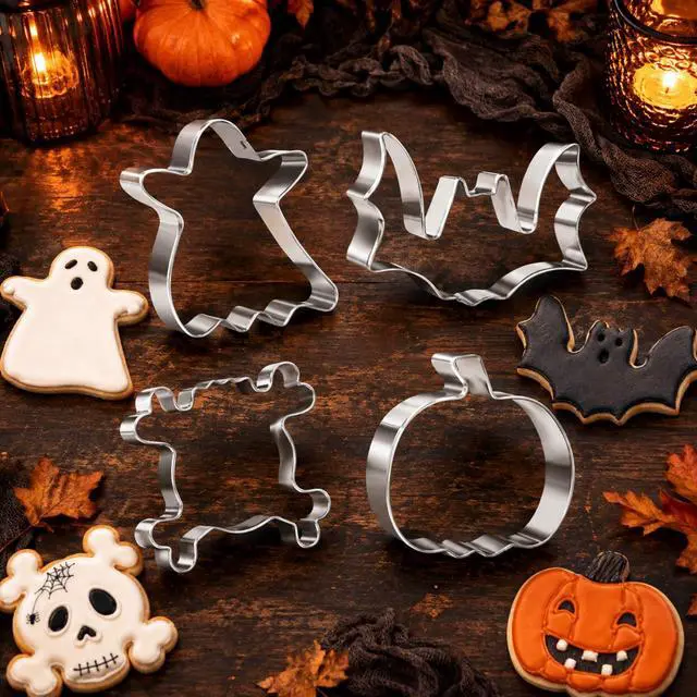 Alt view image 4 of 6 - 4 Pieces Halloween Cookie Cutter Set for Baking - Stainless Steel | Ghost,Bat,Pumpkin and Skull Shape Holiday Biscuit/Pastry Cutter