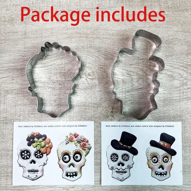 Alt view image 2 of 7 - Halloween Sugar Skull Cookie Cutter Set of 2-Pc | Including: Skull with Hat, Skull with Flower, Decent Size, Premium Stainless Steel, Durable for Repeated Use, Dishwasher Safe