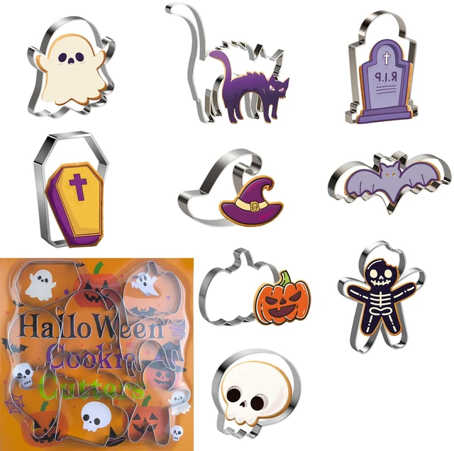 Main image of 9 PCS Halloween Cookie Cutters Kit Halloween Party Favors - Shaped in Bat Ghost Cat Pumpkin Coffin | Stainless Steel Halloween Party Decorations Food Baking Supplies for Kitchen