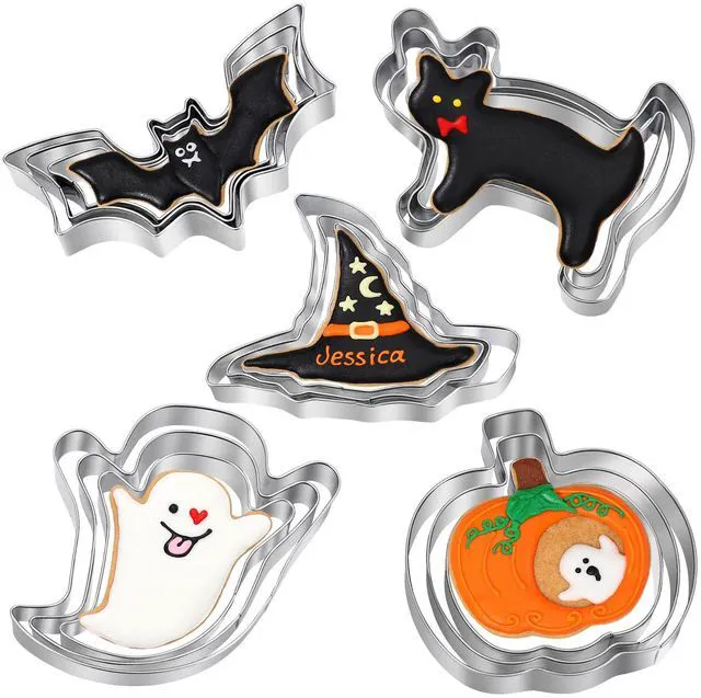 Main image of Halloween Cookie Cutters Set - 15 Pcs Stainless Steel Holiday Cookie Cutter with 5 Shapes - Pumpkin, Ghost, Bat, Cat and Witch's Hat Cookie Molds for Halloween Food Party Decorations