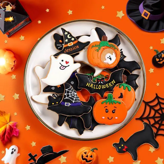 Alt view image 2 of 7 - Halloween Cookie Cutters Set - 15 Pcs Stainless Steel Holiday Cookie Cutter with 5 Shapes - Pumpkin, Ghost, Bat, Cat and Witch's Hat Cookie Molds for Halloween Food Party Decorations