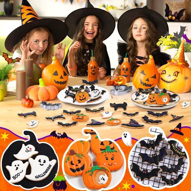 Alt view image 3 of 7 - Halloween Cookie Cutters Set - 15 Pcs Stainless Steel Holiday Cookie Cutter with 5 Shapes - Pumpkin, Ghost, Bat, Cat and Witch's Hat Cookie Molds for Halloween Food Party Decorations