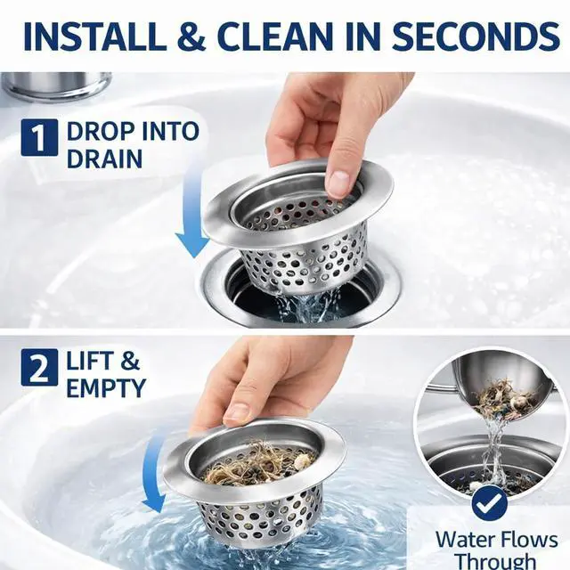 Alt view image 6 of 7 - Apartment Sink Strainers 2-Pack - RV Kitchen Bathroom Drain Sink Drain Strainers Mobile Home - 2.25 Stainless Steel Hair Catcher