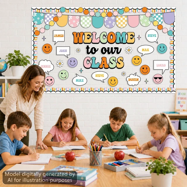 Alt view image 4 of 7 - Groovy Back to School Bulletin Board Set Retro Smile Face Classroom Decoration Welcome to Our Class Cutout Hippie Daisy Flower Paper Bulletin Board Preschool Kindergarten Decor Teacher Door Wall Decor