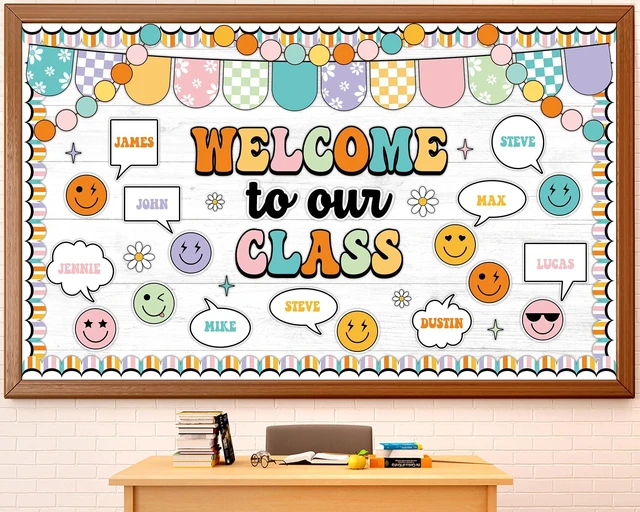 Main image of Groovy Back to School Bulletin Board Set Retro Smile Face Classroom Decoration Welcome to Our Class Cutout Hippie Daisy Flower Paper Bulletin Board Preschool Kindergarten Decor Teacher Door Wall Decor