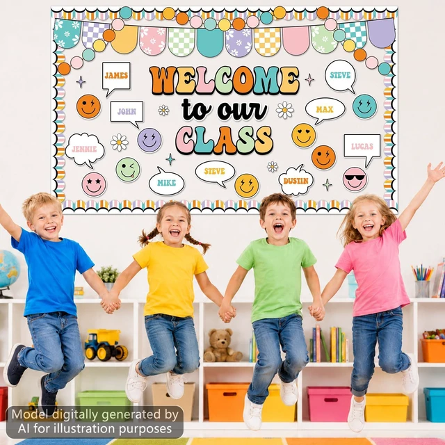 Alt view image 5 of 7 - Groovy Back to School Bulletin Board Set Retro Smile Face Classroom Decoration Welcome to Our Class Cutout Hippie Daisy Flower Paper Bulletin Board Preschool Kindergarten Decor Teacher Door Wall Decor