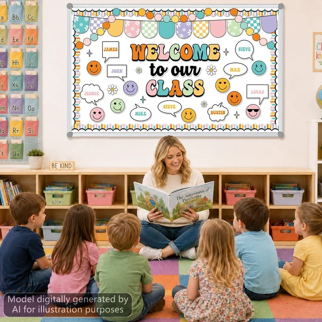 Alt view image 7 of 7 - Groovy Back to School Bulletin Board Set Retro Smile Face Classroom Decoration Welcome to Our Class Cutout Hippie Daisy Flower Paper Bulletin Board Preschool Kindergarten Decor Teacher Door Wall Decor