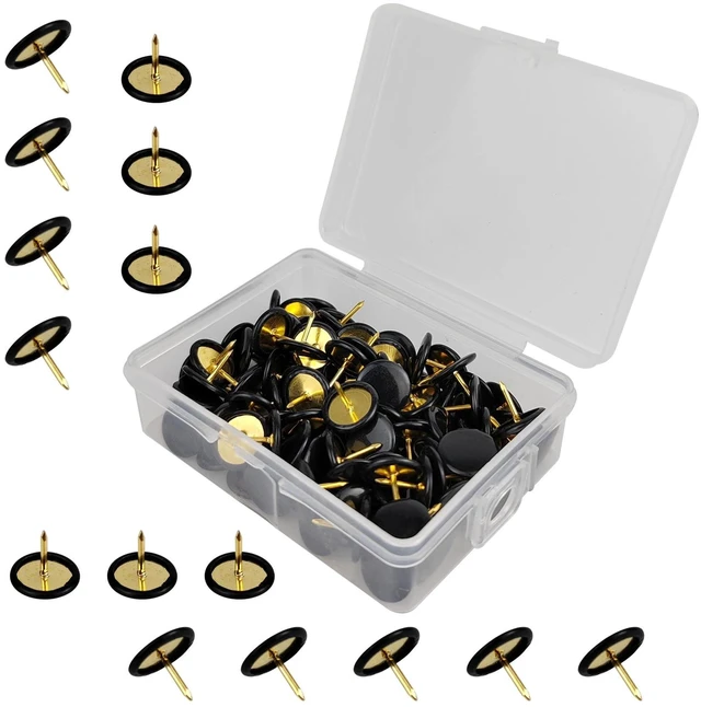 Main image of 100 Pcs Thumb Tacks, Drawing Pins, Metal Flat Push Pins, Round Head Drawing Pins with Storage Box for Map, Photo Wall, Office, Corkboards (Black, 100)