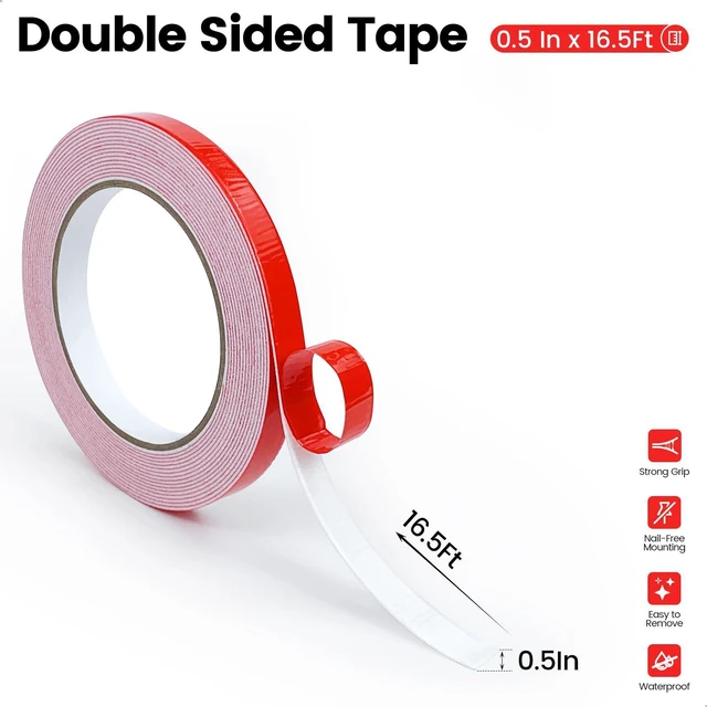 Alt view image 2 of 6 - MOJOTORY Double Sided Foam Tape, 0.5 in x 16.5 Ft | Super Strong Holds Firmly, Shock Absorption, Easy Peel Red Liner, No Residue Mounting