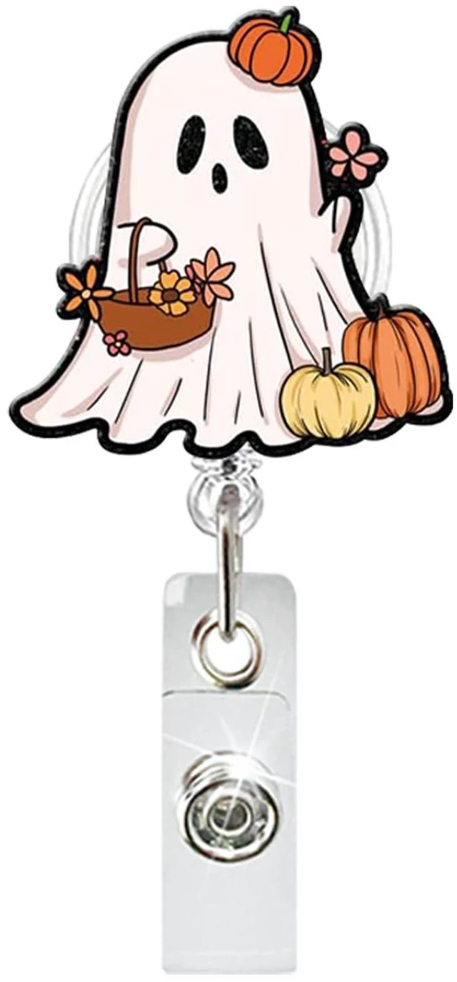 Main image of Pumpkin Ghost Badge Reel - Retractable Ghost Carrying Basket Badge Clip with Flower Acrylic ID Holder for Nurse, Teacher, Student, Hospital, Office Worker