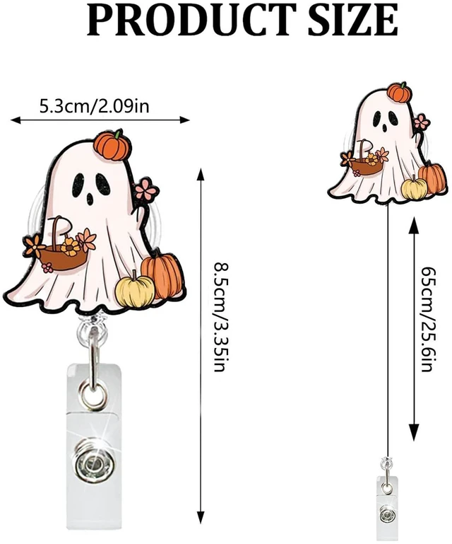 Alt view image 2 of 6 - Pumpkin Ghost Badge Reel - Retractable Ghost Carrying Basket Badge Clip with Flower Acrylic ID Holder for Nurse, Teacher, Student, Hospital, Office Worker