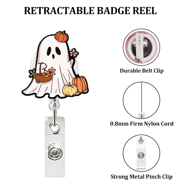 Alt view image 3 of 6 - Pumpkin Ghost Badge Reel - Retractable Ghost Carrying Basket Badge Clip with Flower Acrylic ID Holder for Nurse, Teacher, Student, Hospital, Office Worker