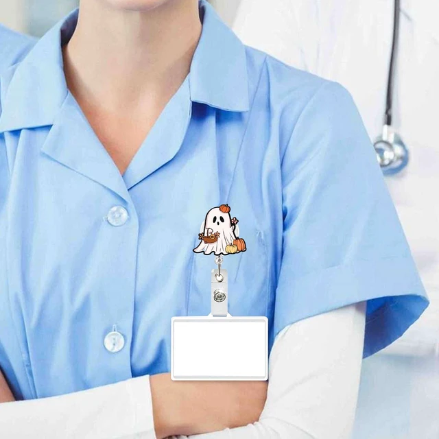 Alt view image 5 of 6 - Pumpkin Ghost Badge Reel - Retractable Ghost Carrying Basket Badge Clip with Flower Acrylic ID Holder for Nurse, Teacher, Student, Hospital, Office Worker