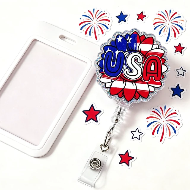 Alt view image 3 of 6 - The Sparkling Badge of Independence Day,USA Flag Scalable Badge Scroll Land of the Free Id Holder with Alligator Clip, Patriotic Id Card, Name Tag, Nurse Staff, Office Staff, Professional Accessories