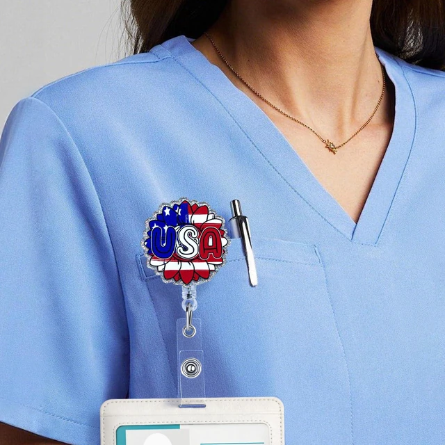 Alt view image 4 of 6 - The Sparkling Badge of Independence Day,USA Flag Scalable Badge Scroll Land of the Free Id Holder with Alligator Clip, Patriotic Id Card, Name Tag, Nurse Staff, Office Staff, Professional Accessories