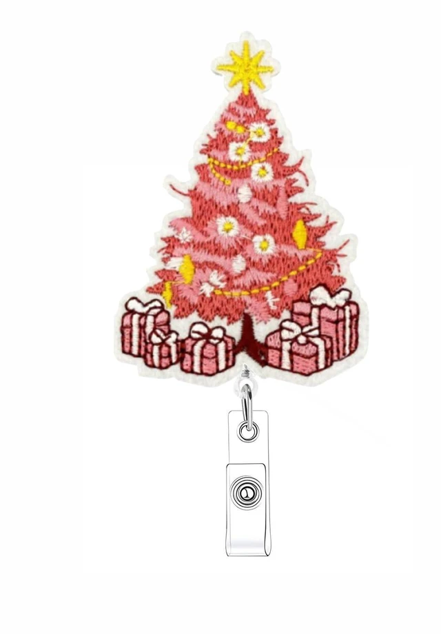 Main image of Christmas Pink Xmas Tree Badge Reel for Nurse Nursing Funny Gift Retractable Alligator Embroidery Badge Clip Winter Holiday for Nurse Doctors Teacher Office Worker Id Card