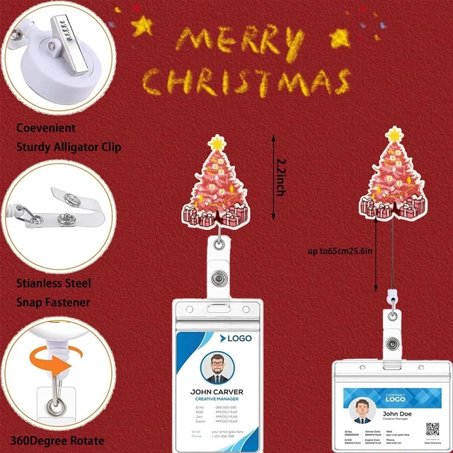 Alt view image 4 of 7 - Christmas Pink Xmas Tree Badge Reel for Nurse Nursing Funny Gift Retractable Alligator Embroidery Badge Clip Winter Holiday for Nurse Doctors Teacher Office Worker Id Card