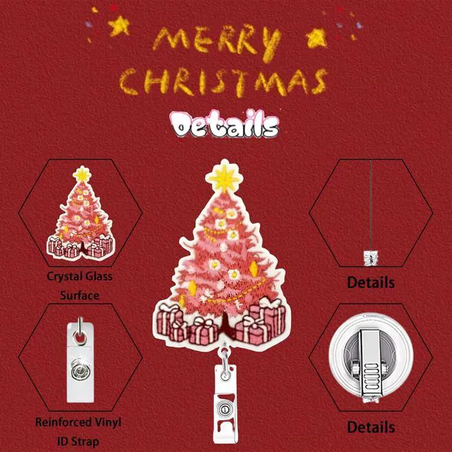 Alt view image 3 of 7 - Christmas Pink Xmas Tree Badge Reel for Nurse Nursing Funny Gift Retractable Alligator Embroidery Badge Clip Winter Holiday for Nurse Doctors Teacher Office Worker Id Card