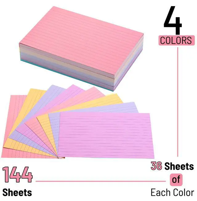 Alt view image 2 of 7 - Lined Index Cards, 4"x6", 144 Cards, Assorted Colors | Bulk 4x6 Index Cards, Ruled for School, College, Office and Home Organization