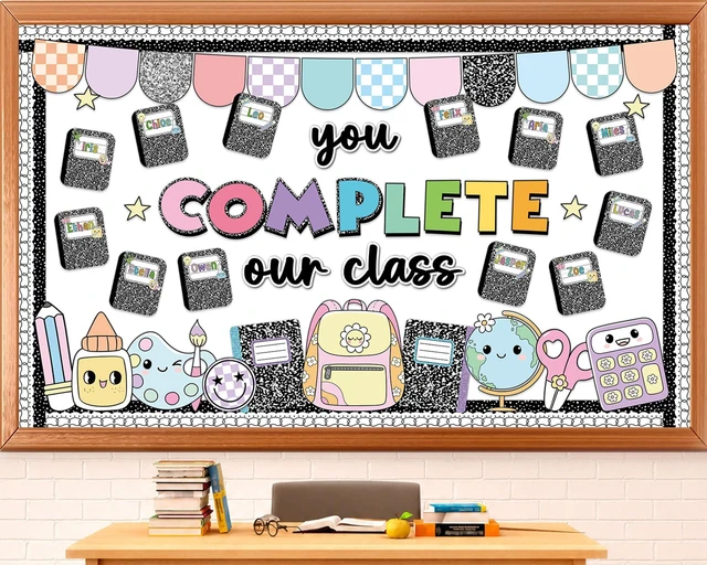 Main image of Composition Notebook Bulletin Board Set You Complete Our Class Pencil Classroom Decor Composition Book Name Tags Paper Cutouts for Back to School First Day of School Chalkboard Wall Door Supplies