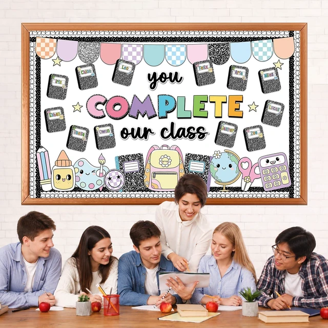 Alt view image 5 of 7 - Composition Notebook Bulletin Board Set You Complete Our Class Pencil Classroom Decor Composition Book Name Tags Paper Cutouts for Back to School First Day of School Chalkboard Wall Door Supplies