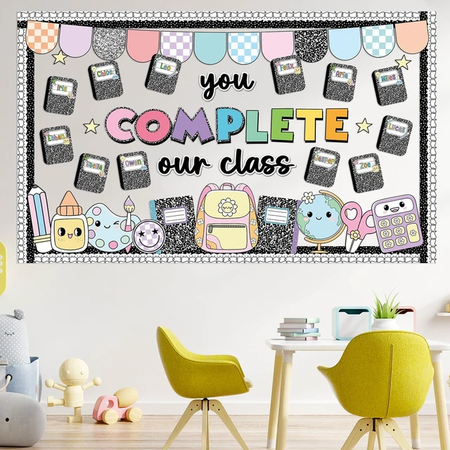 Alt view image 6 of 7 - Composition Notebook Bulletin Board Set You Complete Our Class Pencil Classroom Decor Composition Book Name Tags Paper Cutouts for Back to School First Day of School Chalkboard Wall Door Supplies