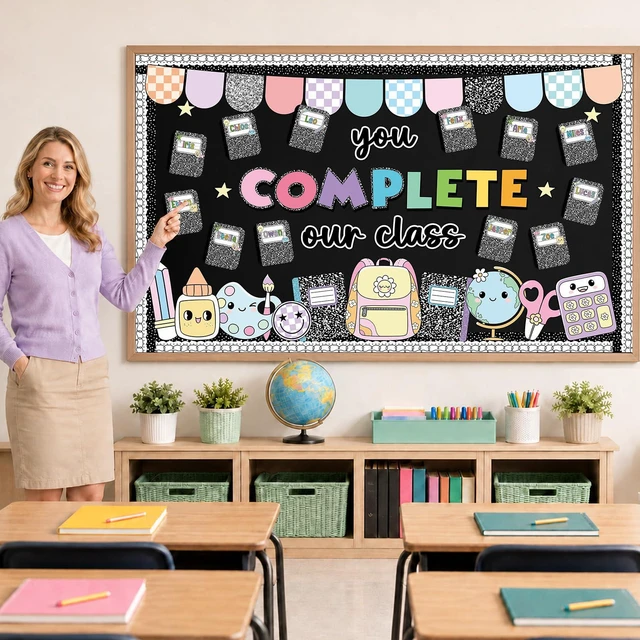 Alt view image 4 of 7 - Composition Notebook Bulletin Board Set You Complete Our Class Pencil Classroom Decor Composition Book Name Tags Paper Cutouts for Back to School First Day of School Chalkboard Wall Door Supplies