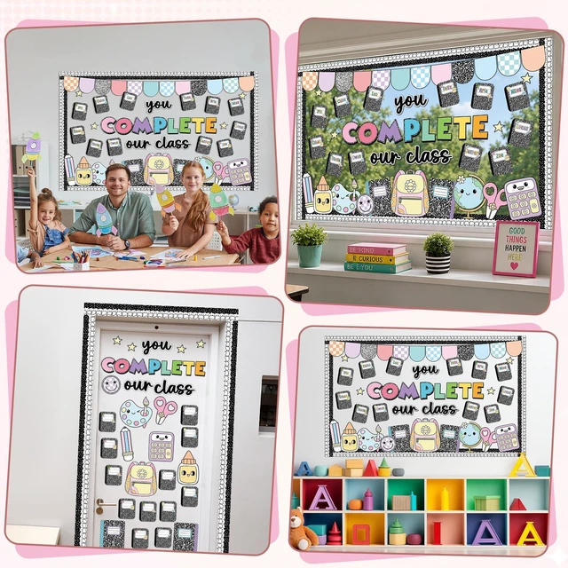 Alt view image 7 of 7 - Composition Notebook Bulletin Board Set You Complete Our Class Pencil Classroom Decor Composition Book Name Tags Paper Cutouts for Back to School First Day of School Chalkboard Wall Door Supplies
