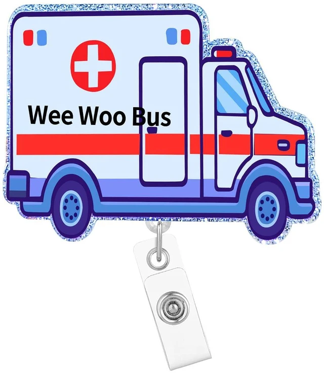 Main image of Arakulago Funny ER Nurse Retractable Badge Reel Holder with ID Clip Emergency Ambulance Glitter Acrylic Nursing Wee Woo Bus Name Badge Clip Accessories Badge Reels Holder Tag Medical Doctor Assistant