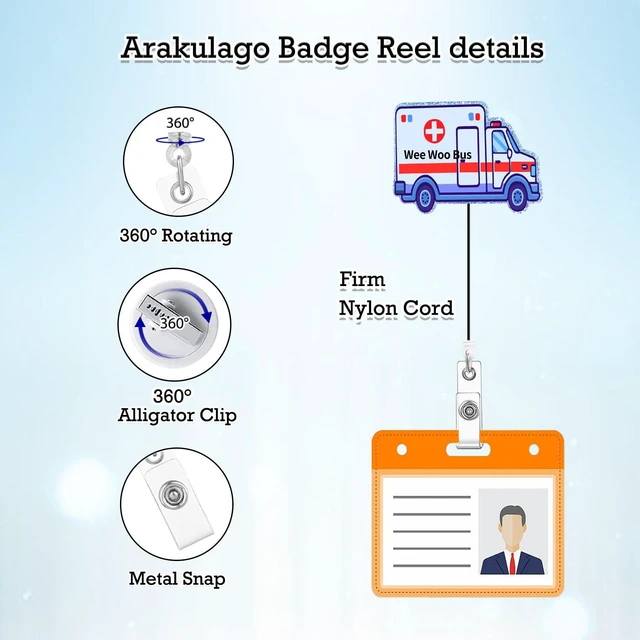 Alt view image 2 of 7 - Arakulago Funny ER Nurse Retractable Badge Reel Holder with ID Clip Emergency Ambulance Glitter Acrylic Nursing Wee Woo Bus Name Badge Clip Accessories Badge Reels Holder Tag Medical Doctor Assistant
