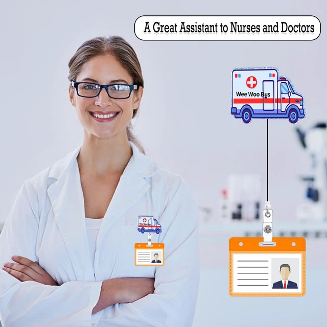 Alt view image 5 of 7 - Arakulago Funny ER Nurse Retractable Badge Reel Holder with ID Clip Emergency Ambulance Glitter Acrylic Nursing Wee Woo Bus Name Badge Clip Accessories Badge Reels Holder Tag Medical Doctor Assistant