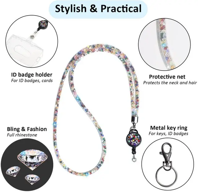 Alt view image 3 of 7 - Togous Rhinestone Retractable ID Badge Lanyard, Colorful | Retractable Badge Reel, Key and ID Card Holder, Sparkling Rhinestone Design, Office and Classroom Accessory, Standard Length