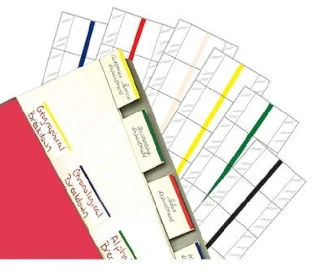 Main image of 58610 Erasable Write-On Index Tabs, 24 Count, 1 x 1/2 Inch White Edge, Reusable Self-Adhesive File Folder Tabs for Binders, Planners, Reports and Office Organization