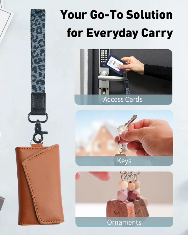 Alt view image 5 of 7 - Uniclife Keychain Wristlet, Soft Fabric Key Chain for Car Keys Badges, Cool Wristlet Keychain with 2 Key Rings Tether Tab & Phone Strap, Short Wrist Lanyard Strap for Men & Women (Leopard Print)