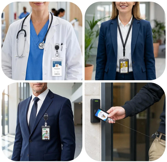 Alt view image 7 of 7 - Retractable ID Badge Holder with Breakaway Lanyard, Heavy Duty Badge Reel with Carabiner Clip, Detachable Keychain, Sturdy ID Card Holder for Nurse Officer Teacher Security Staff Women Men