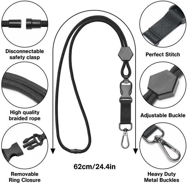 Alt view image 4 of 7 - HZMM Breakaway Neck Lanyard for ID Badges - Durable Heavy-Duty Round Cord with Safety Breakaway and Detachable Buckle, Adjustable Black Key Lanyard with Metal Hook for ID Card and Keys
